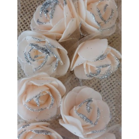 8 ROSES SAUMON MOUSSE PAILLETTE+TIGE 4CM