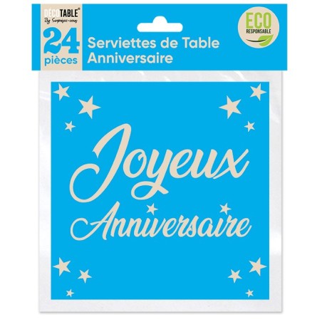 24 SERVIETTES BLEU JOYEUX ANNIVERSAIRE