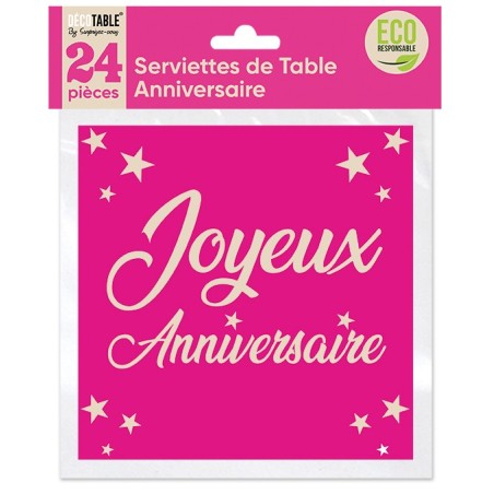 24 SERVIETTES ROSE JOYEUX ANNIVERSAIRE