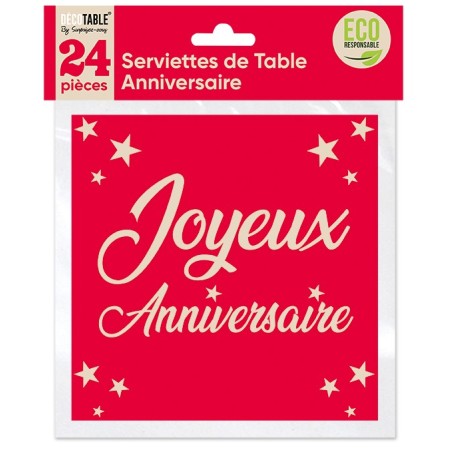 24 SERVIETTES ROUGE JOYEUX ANNIVERSAIRE