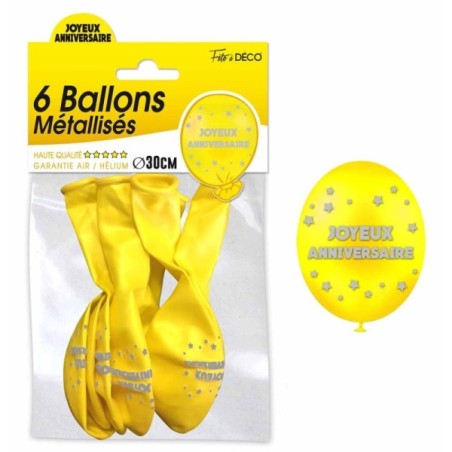 6 BALLONS METAL JAUNE JOYEUX ANNIVERSAIR