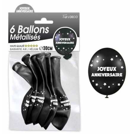 6 BALLONS METAL NOIR/BLANC JOYEUX ANNIV