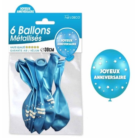 6 BALLONS METAL BLEU JOYEUX ANNIVERSAIRE