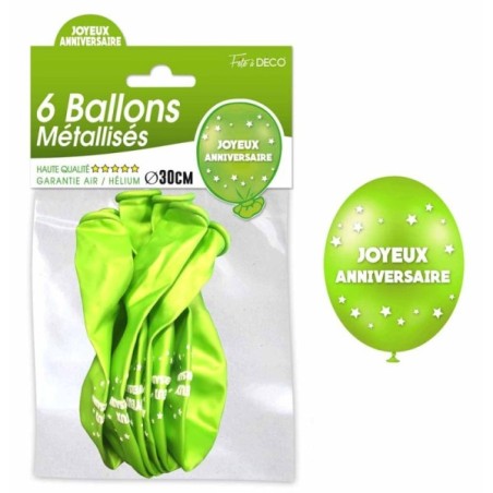 6 BALLONS METAL VERT JOYEUX ANNIVERSAIRE