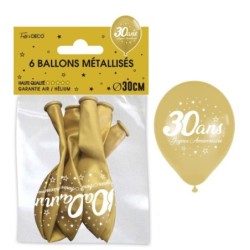 6 BALLONS 30 ANS OR METAL