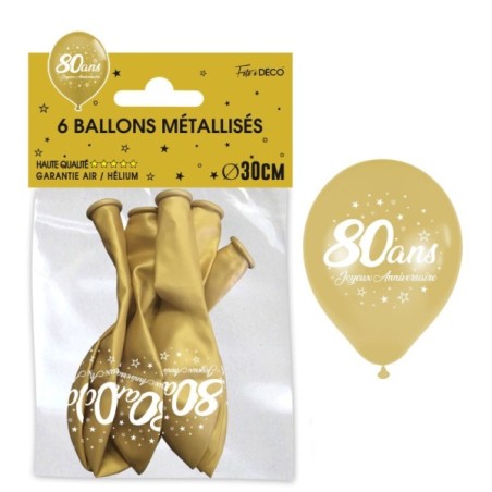 6 BALLONS 80 ANS OR METAL