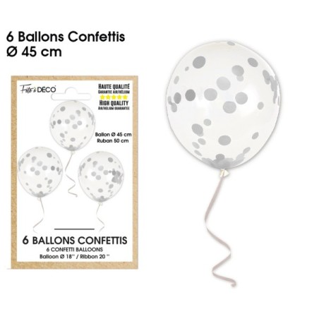 6 BALLONS ARGENT CONFETTIS