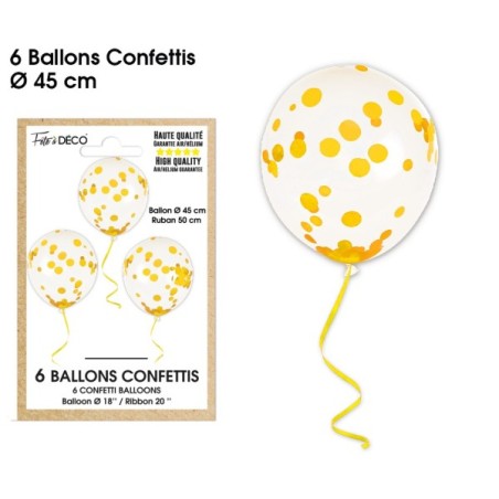 6 BALLONS JAUNE OR CONFETTIS