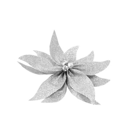 NOEUD POINSETIA ARGENT PAILLETE 20CM+GRE